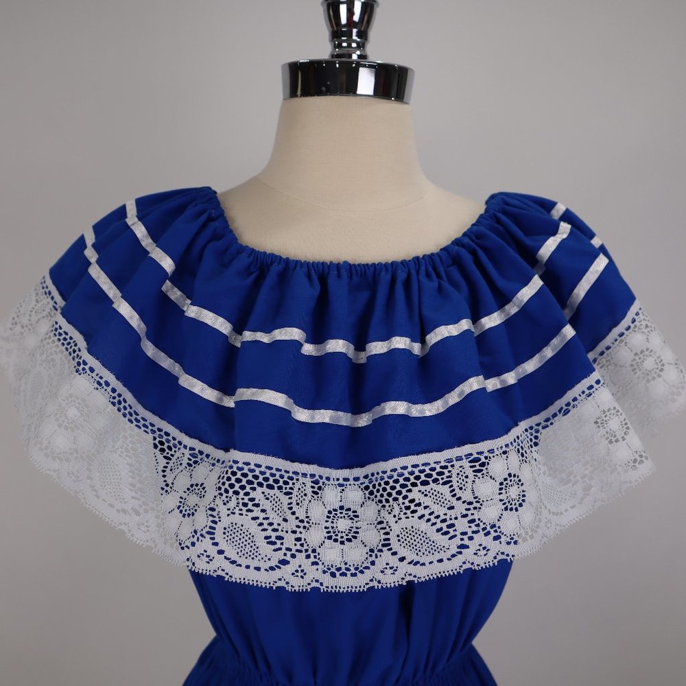 🌺 Mexican Blue NWOT Lace Peasant Hippie Boho Prairie Ruffled Dress Vtg Inspired